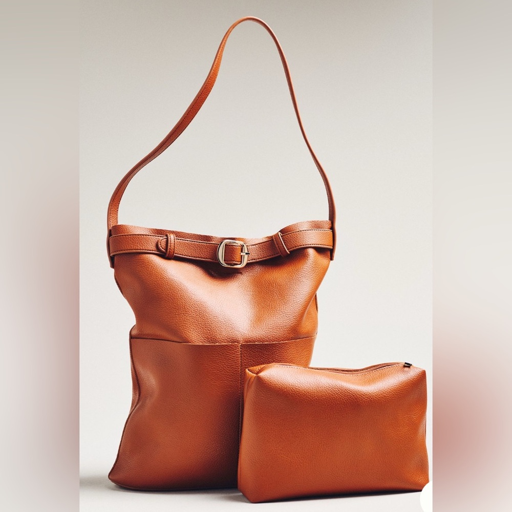 Anthropologie Buckle North South Pocket Tote in Pecan NWT